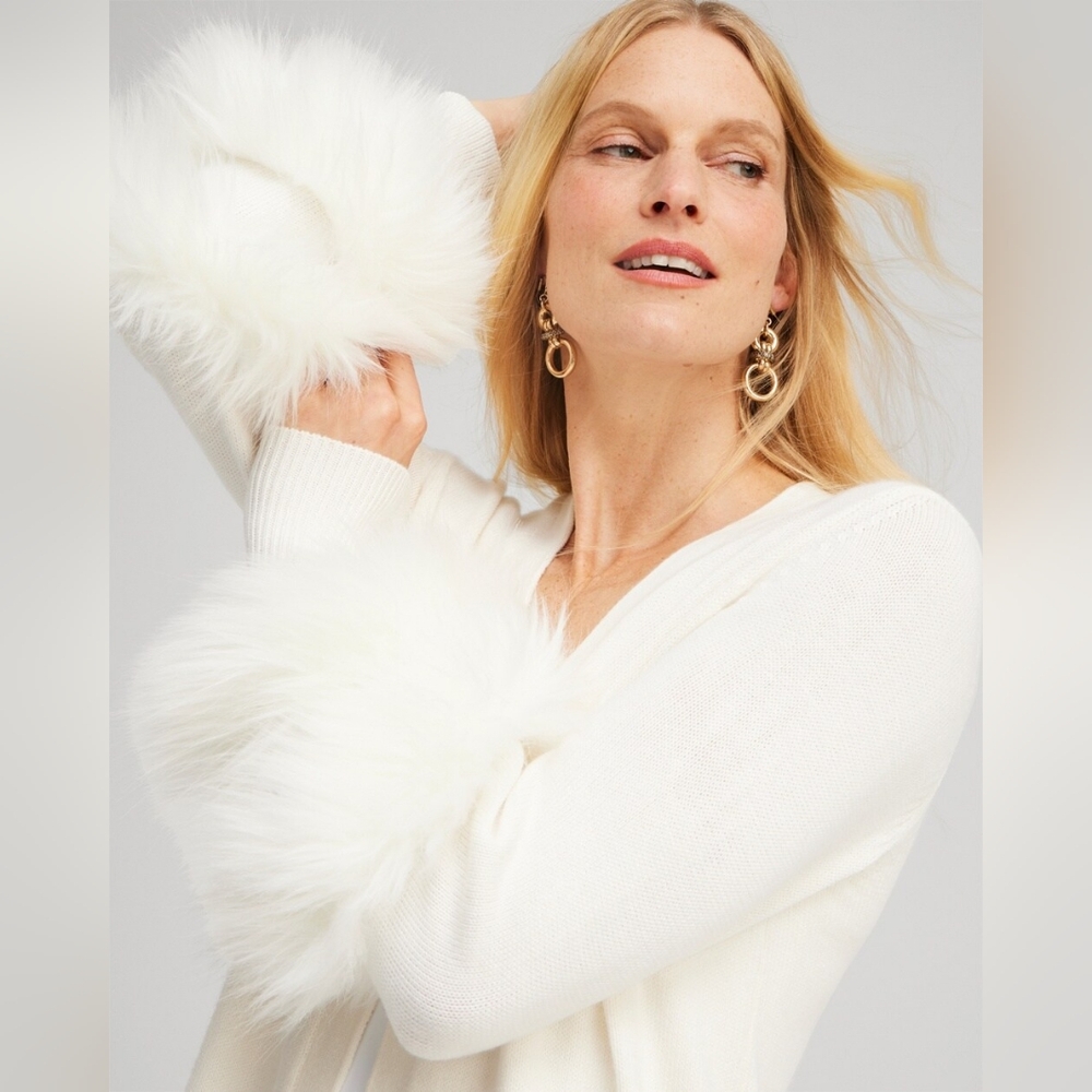 CHICO'S | Faux Fur Trim Cardigan Ecru